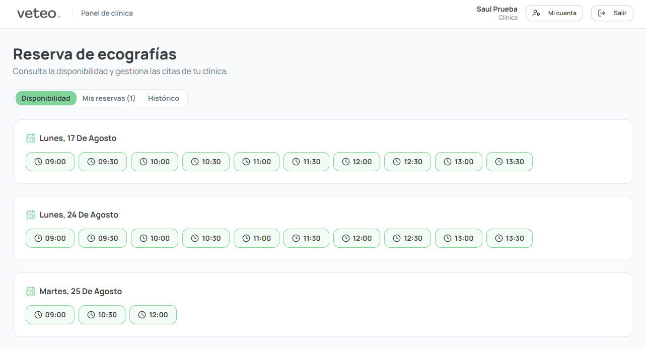 Panel de disponibilidad de citas en Veteo